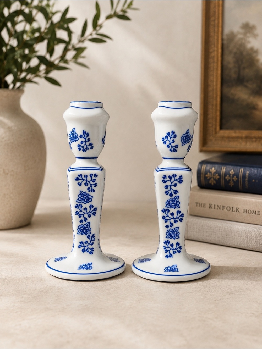 Vintage Blue & White Chinoiserie Porcelain Candlestick Set